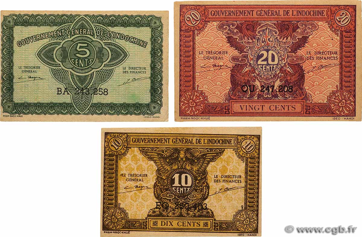 5, 10 et 20 Cents Lot FRANZÖSISCHE-INDOCHINA 1942 P.088b, 089a et P.090 fST+