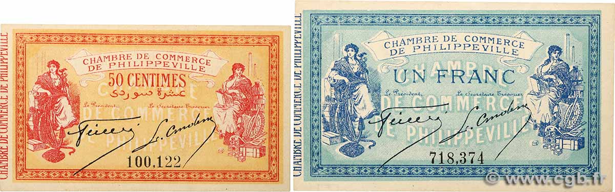 50 Centimes et 1 Franc Lot ALGÉRIE Philippeville 1914 JP.142.03 et JP.142.06 pr.NEUF