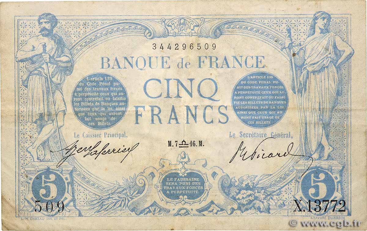 5 Francs BLEU FRANKREICH 1916 F.02.43 fSS
