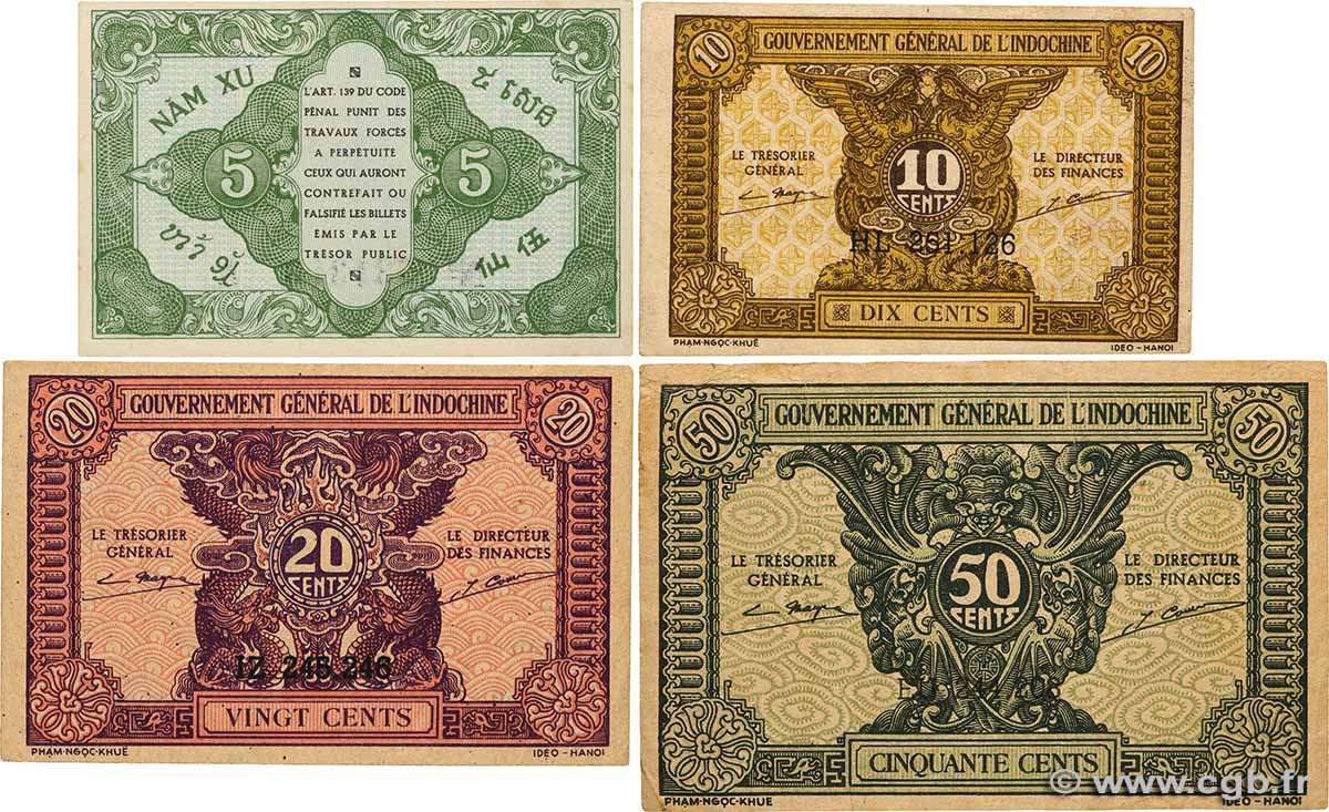 5, 10, 20 et 50 Cents Lot INDOCHINE FRANÇAISE 1942 P.088a au P.091a SUP