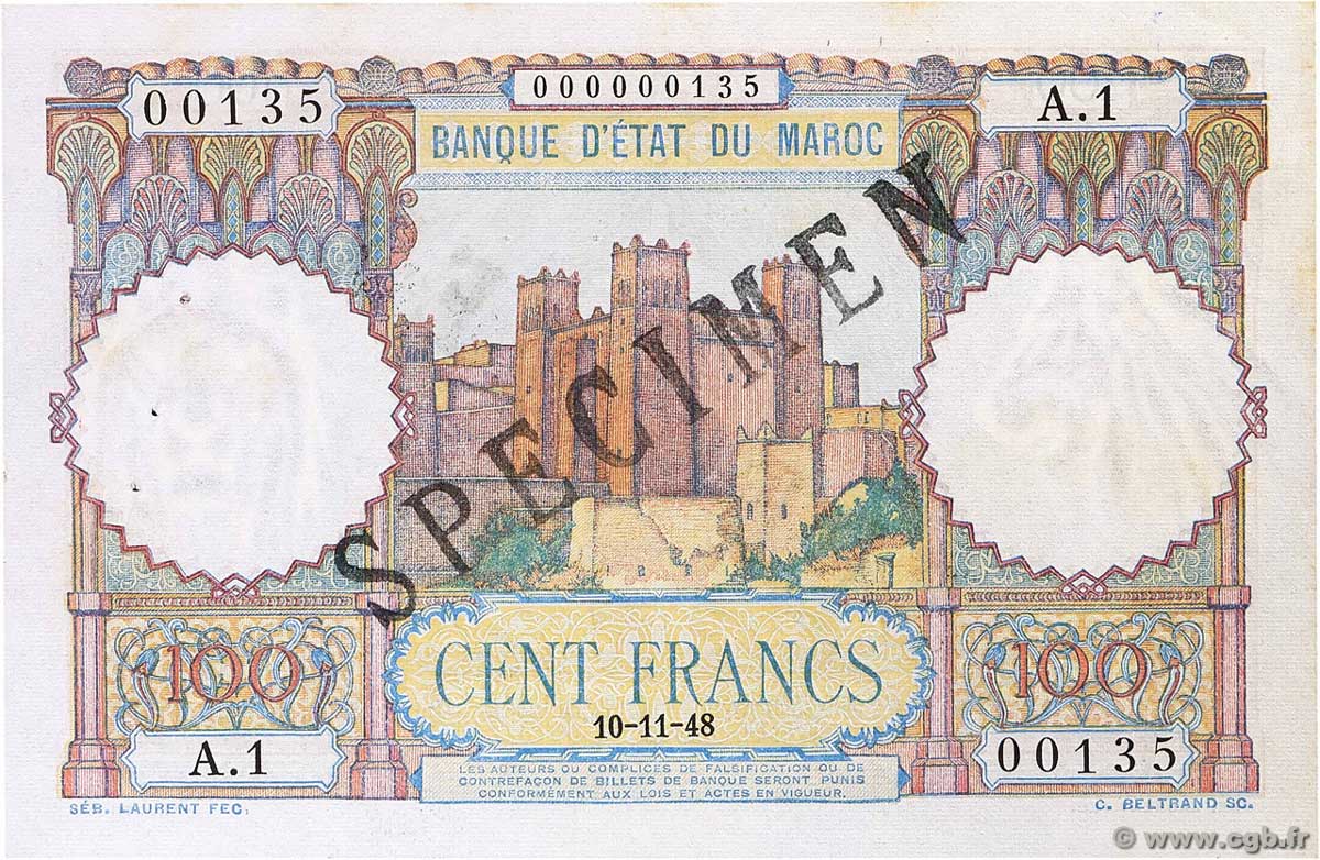 100 Francs Spécimen MOROCCO 1948 P.45s AU-