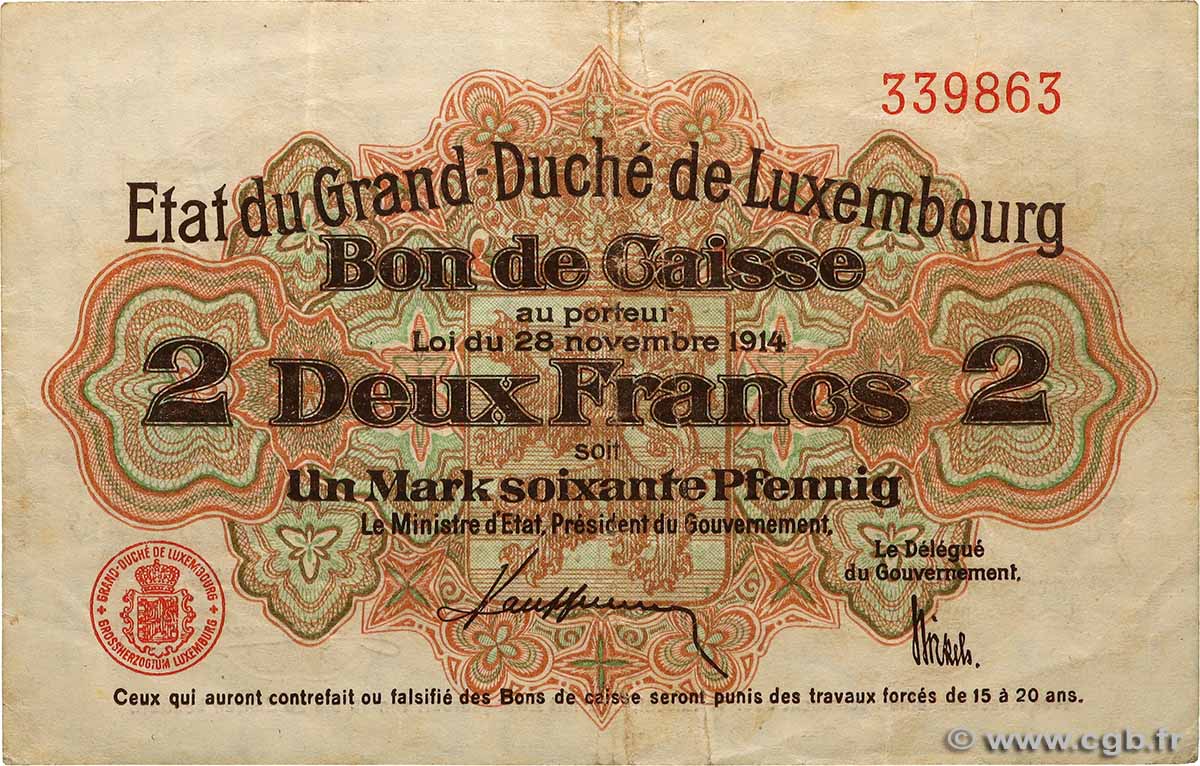 2 Francs / 1 Mark 60 Pfennig LUXEMBURG 1914 P.22 SS