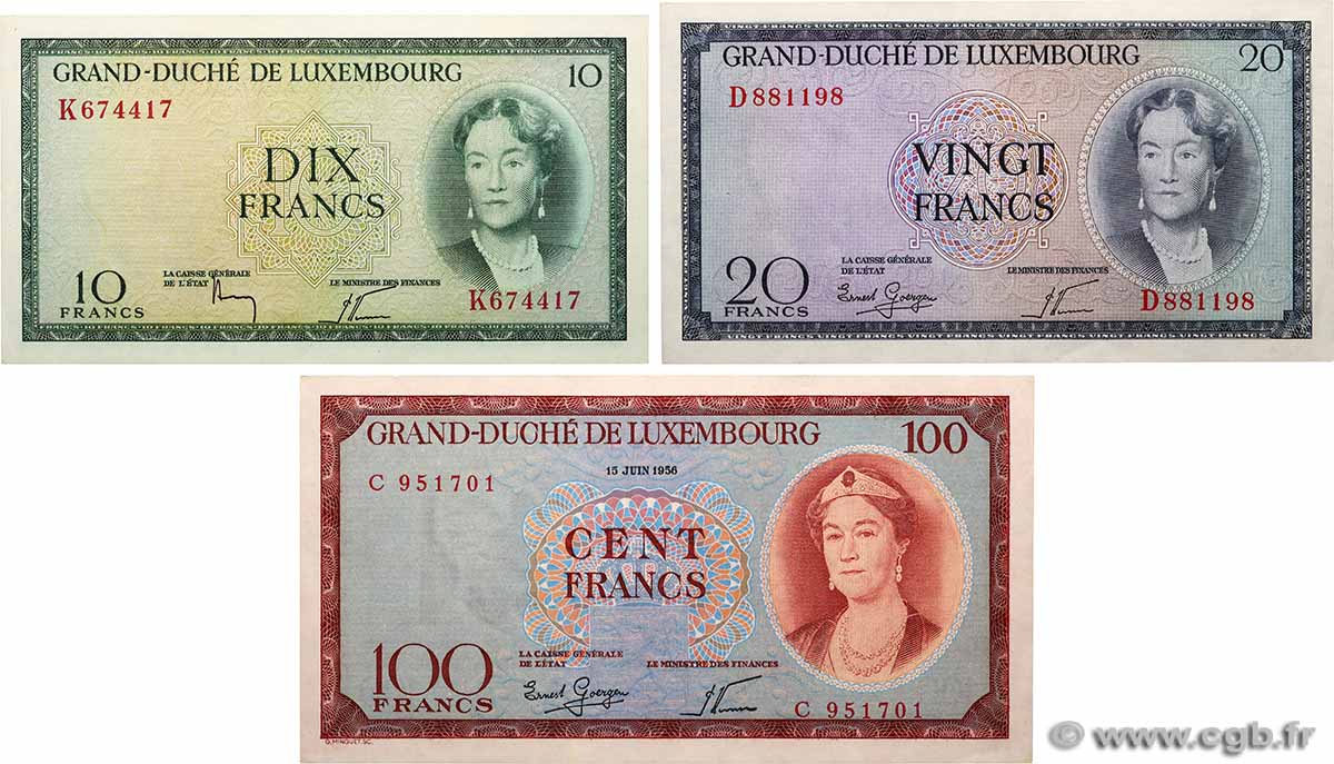 10, 20 et 100 Francs Lot LUXEMBURG 1955 P.48a, P.49a et P.50a fST