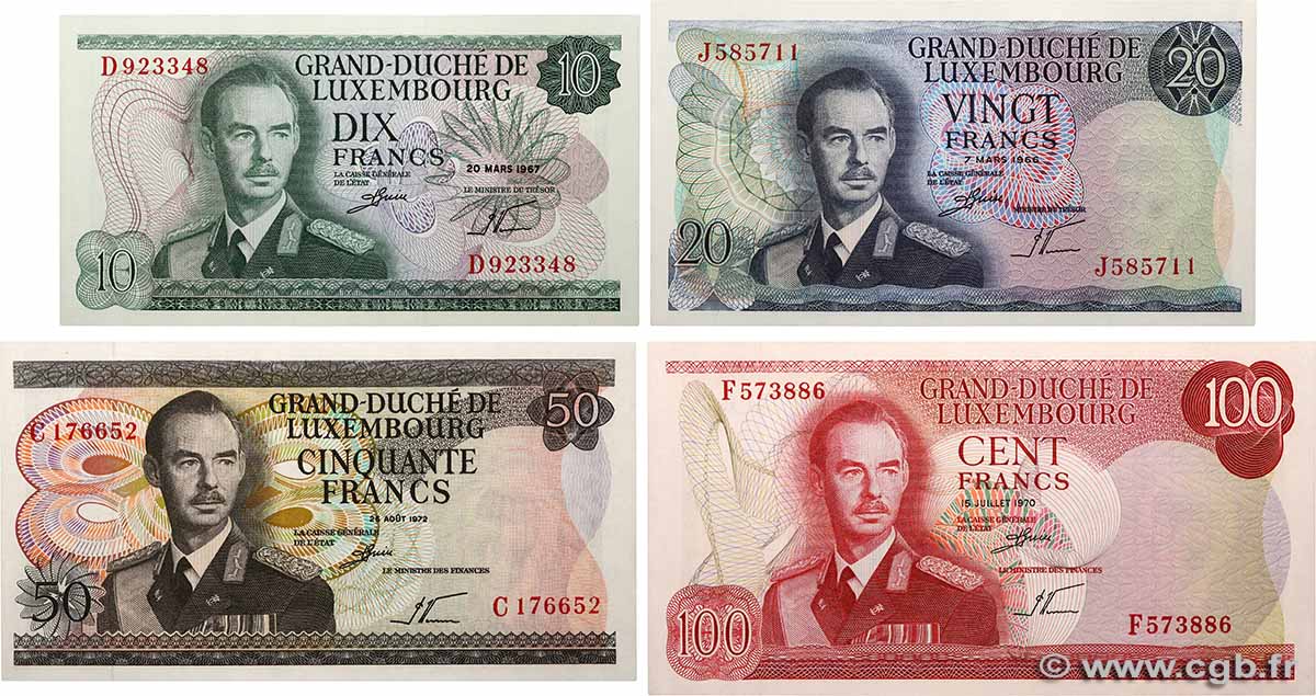 10 au 100 Francs Lot LUXEMBOURG 1966 P.53a, P.54a, P.55a et P.56a UNC-