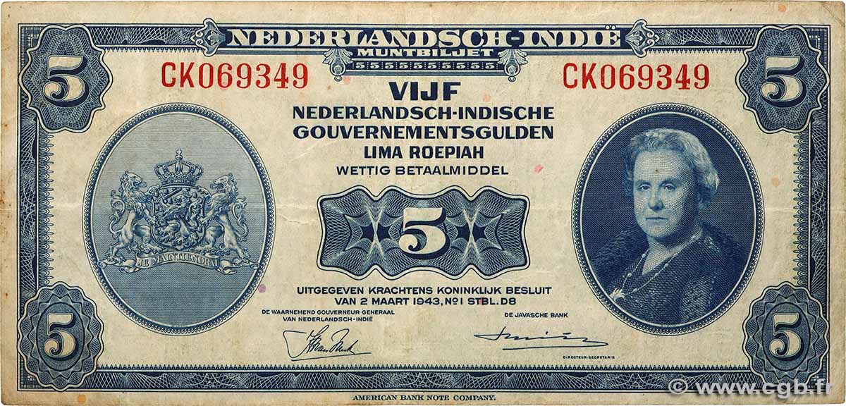 5 Gulden NETHERLANDS INDIES 1943 P.113a F+