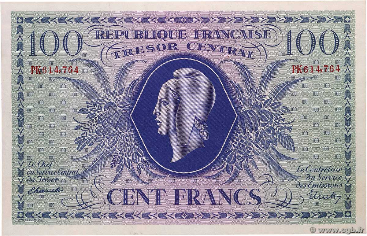 100 Francs MARIANNE FRANCE 1943 VF.06.01d UNC-