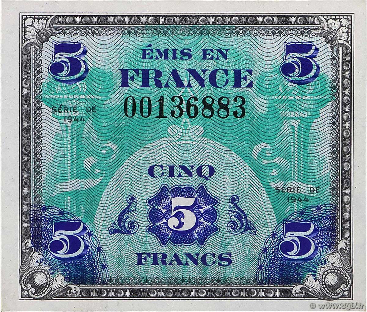 5 Francs DRAPEAU FRANCE 1944 VF.17.01 UNC