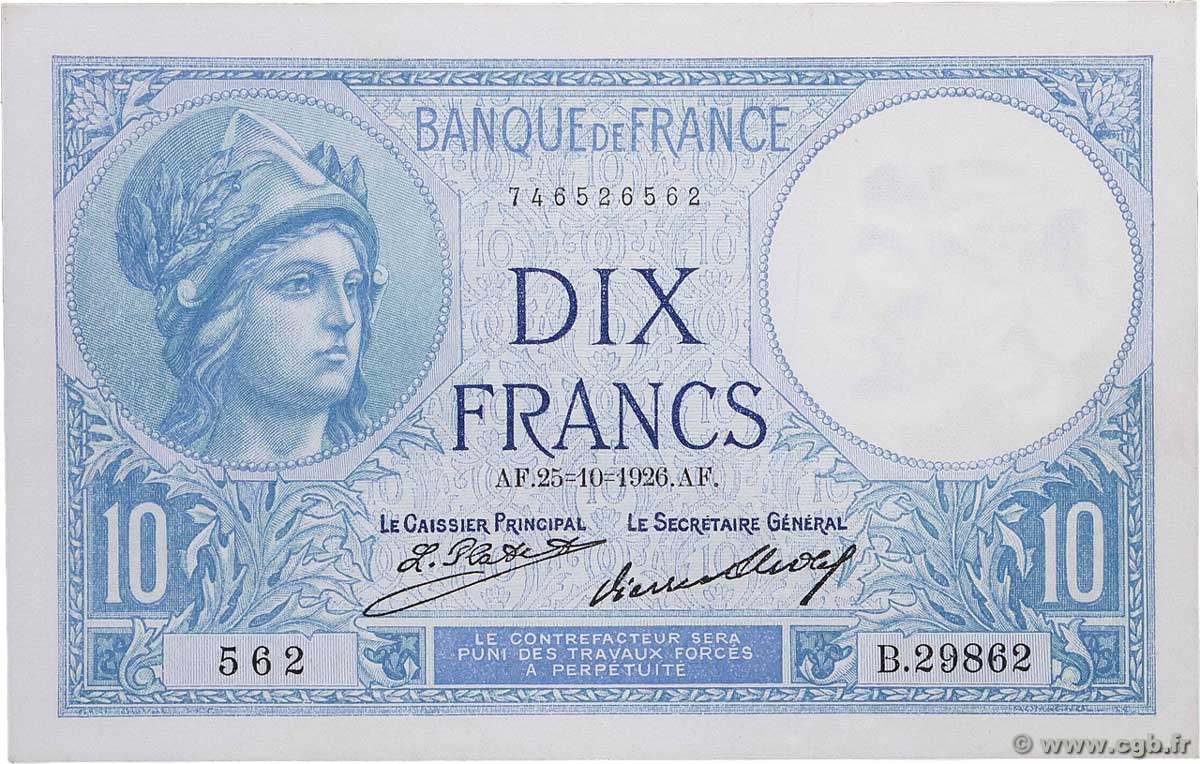 10 Francs MINERVE FRANCE 1926 F.06.11a SPL