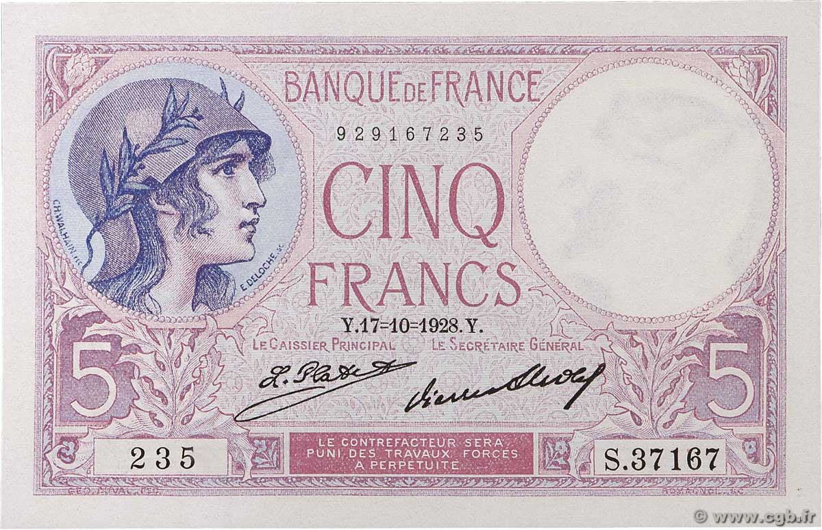 5 Francs FEMME CASQUÉE FRANCE 1928 F.03.12 UNC-