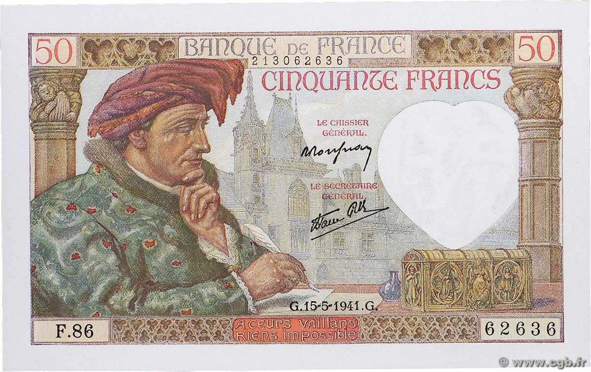 50 Francs JACQUES CŒUR FRANCE 1941 F.19.11 UNC