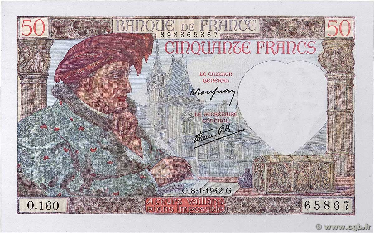 50 Francs JACQUES CŒUR FRANCE 1942 F.19.18 UNC-