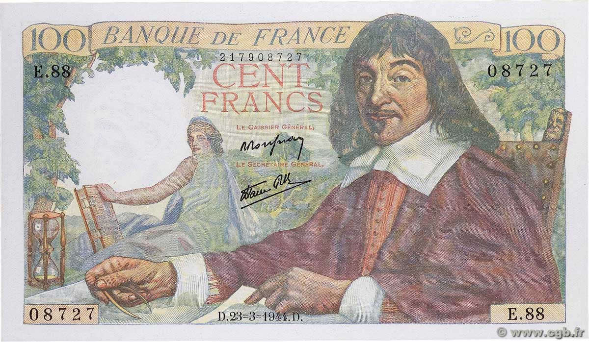 100 Francs DESCARTES FRANCE 1944 F.27.05 UNC