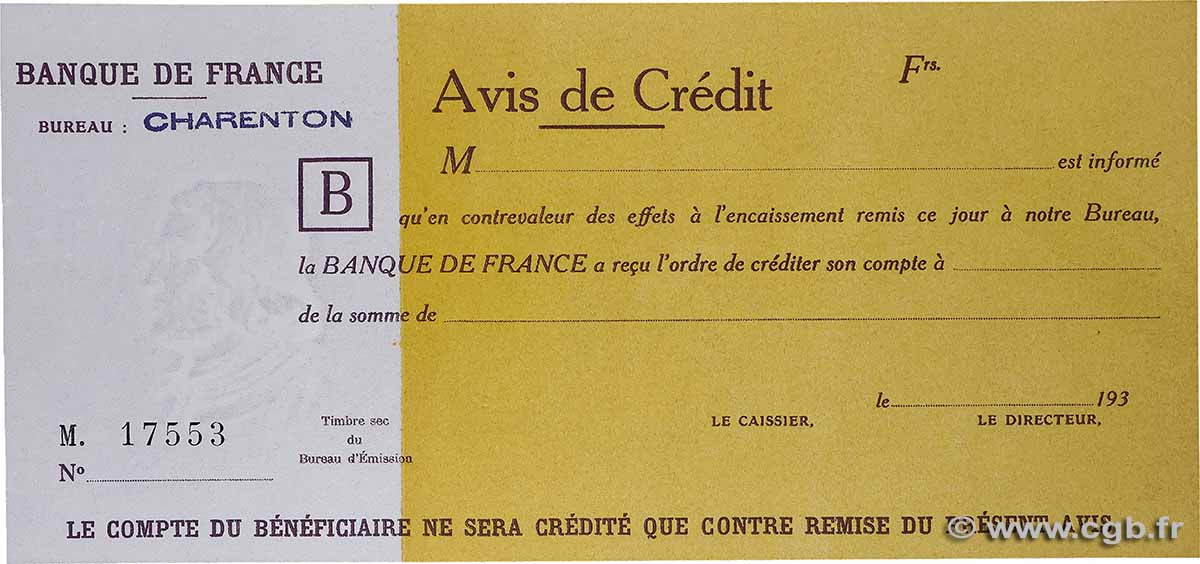 XX Francs Avis de Crédit Non émis FRANCE Charenton 1938 F.- NEUF