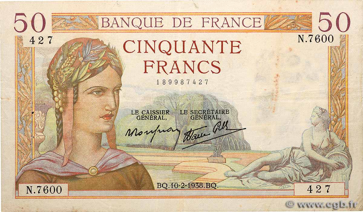 50 Francs CÉRÈS modifié FRANCE 1938 F.18.08 VF-