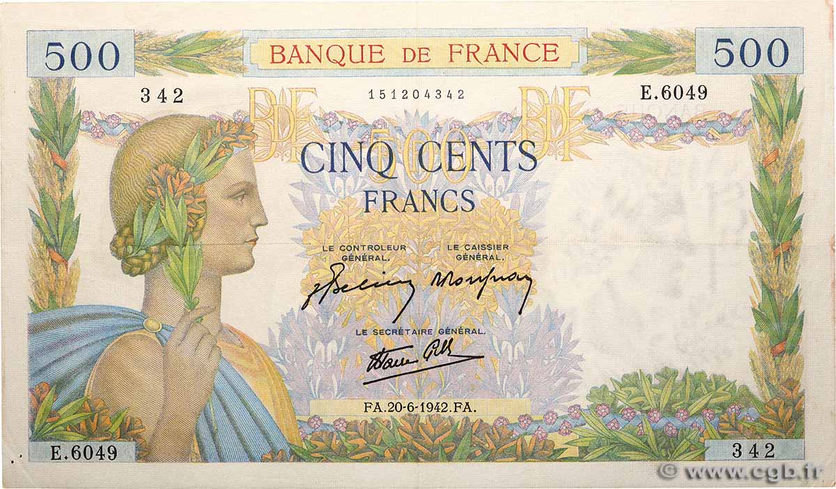 500 Francs LA PAIX FRANCE 1942 F.32.35 pr.SUP