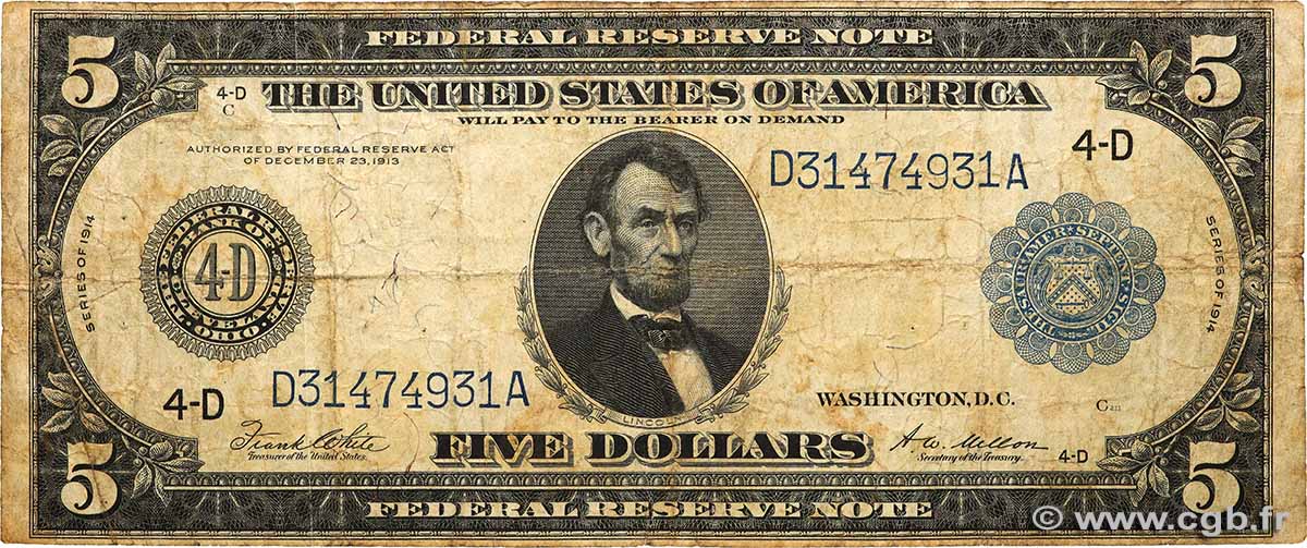5 Dollars VEREINIGTE STAATEN VON AMERIKA Cleveland 1914 P.359bD fS