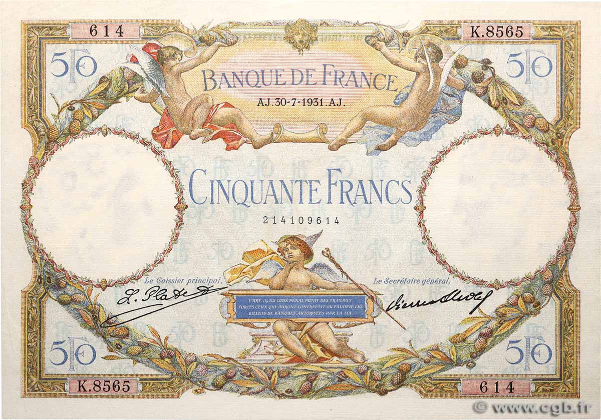 50 Francs LUC OLIVIER MERSON type modifié FRANKREICH 1931 F.16.02 VZ+