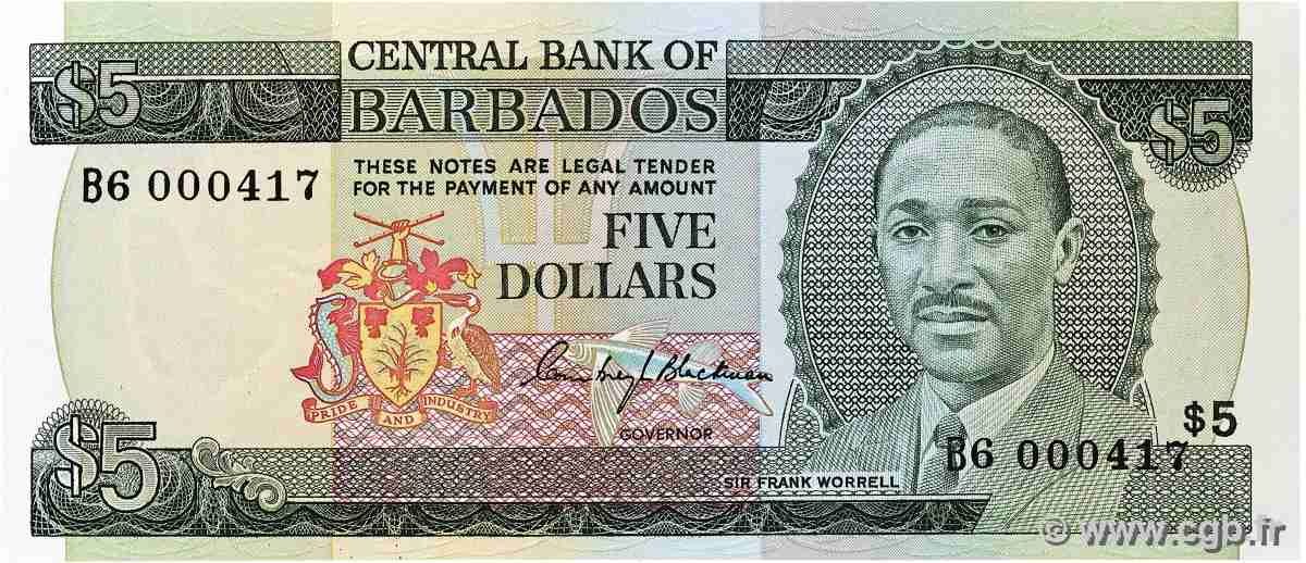 5 Dollars Petit numéro BARBADOS 1975 P.32a ST