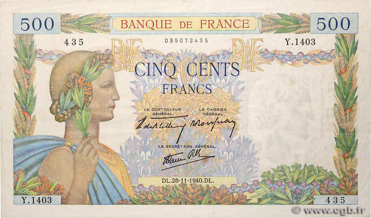 500 Francs LA PAIX FRANCIA 1940 F.32.09 q.BB