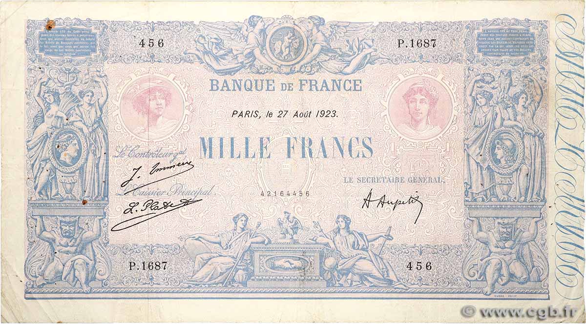 1000 Francs BLEU ET ROSE FRANCIA 1923 F.36.39 q.BB