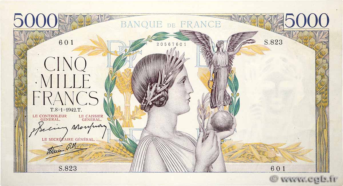 5000 Francs VICTOIRE Impression à plat FRANKREICH 1942 F.46.32 SS