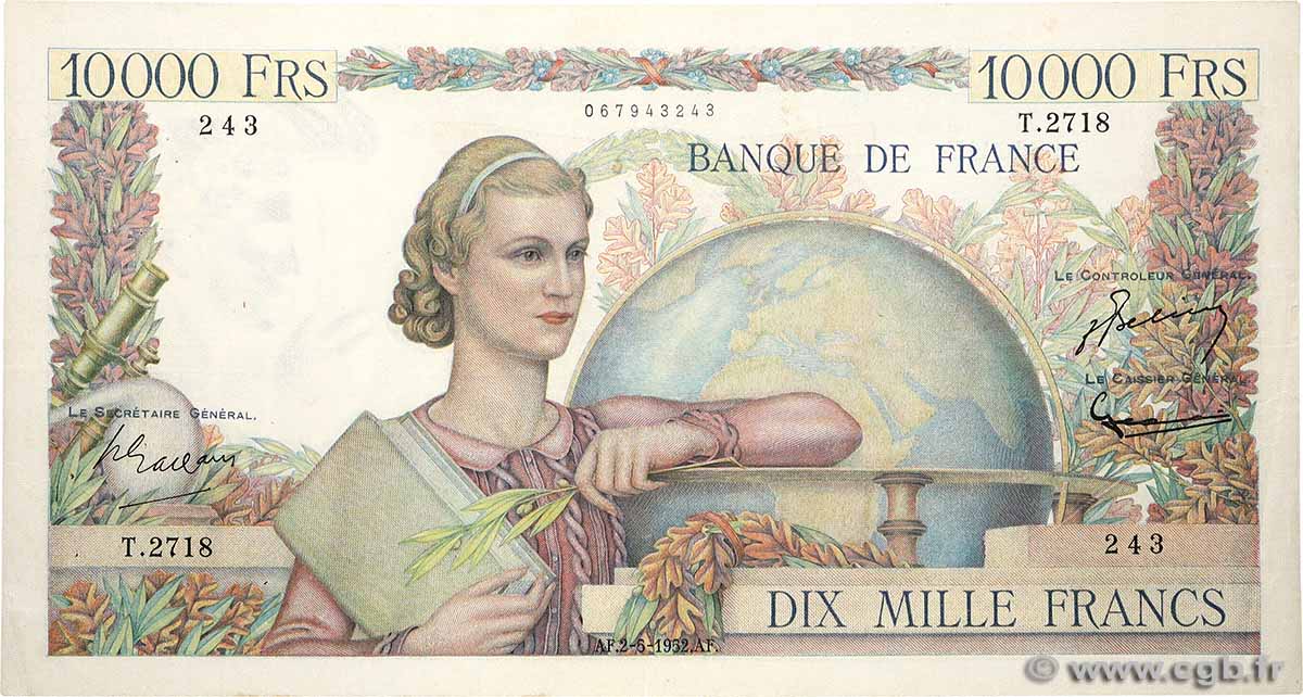 10000 Francs GÉNIE FRANÇAIS FRANKREICH 1952 F.50.58 SS