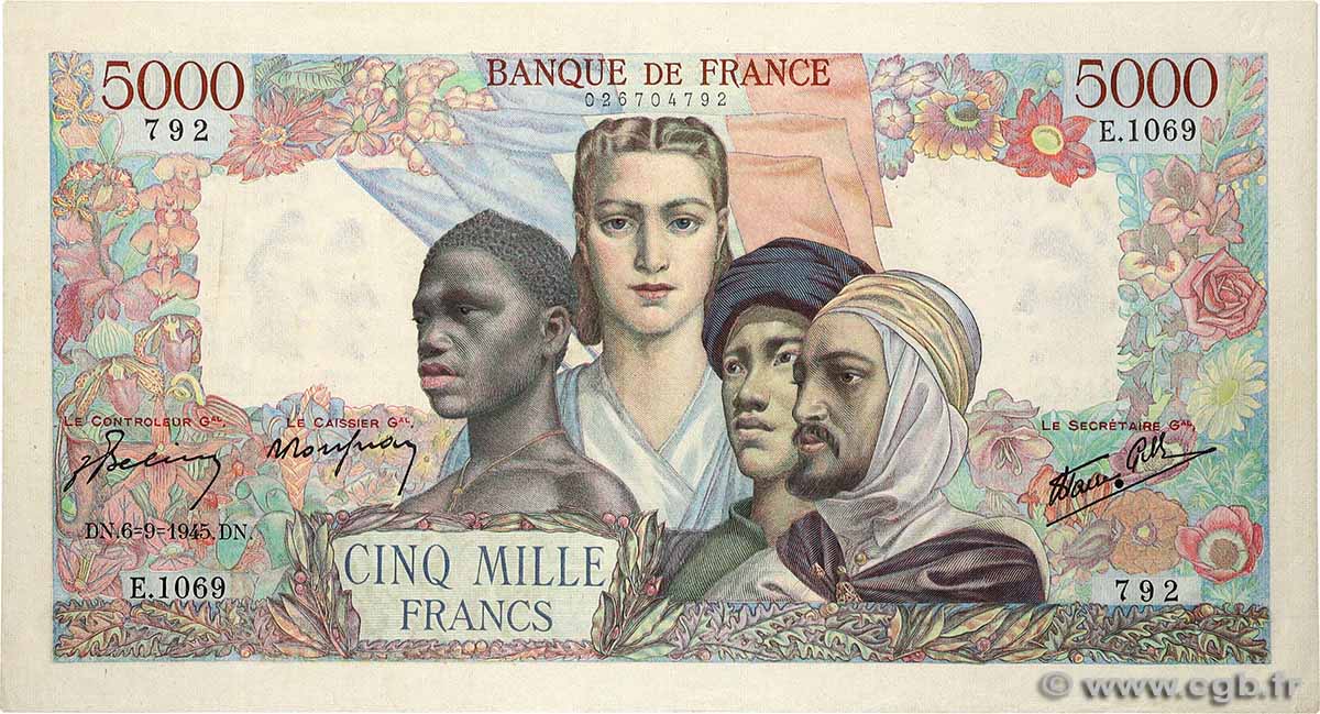 5000 Francs EMPIRE FRANÇAIS FRANKREICH 1945 F.47.42 fVZ