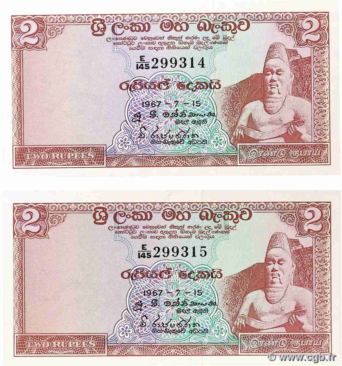 2 Rupees Consécutifs CEYLON 1967 P.067a AU