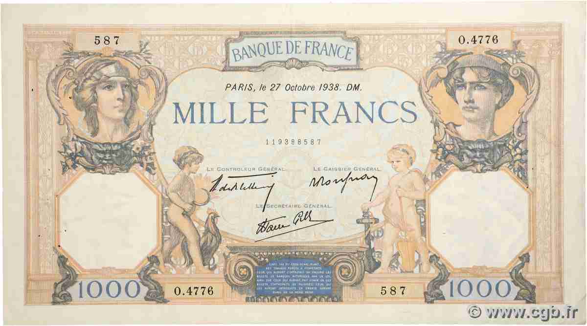1000 Francs CÉRÈS ET MERCURE type modifié FRANCE 1938 F.38.31 VF
