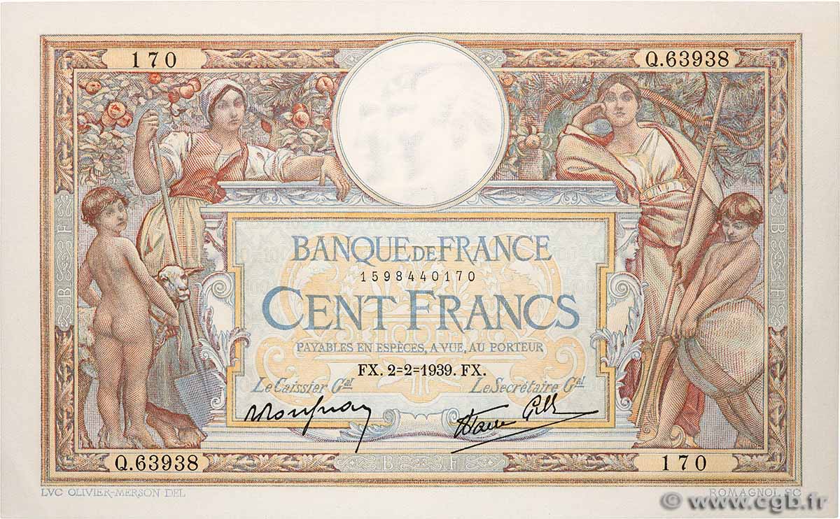 100 Francs LUC OLIVIER MERSON type modifié FRANKREICH 1939 F.25.41 fST+