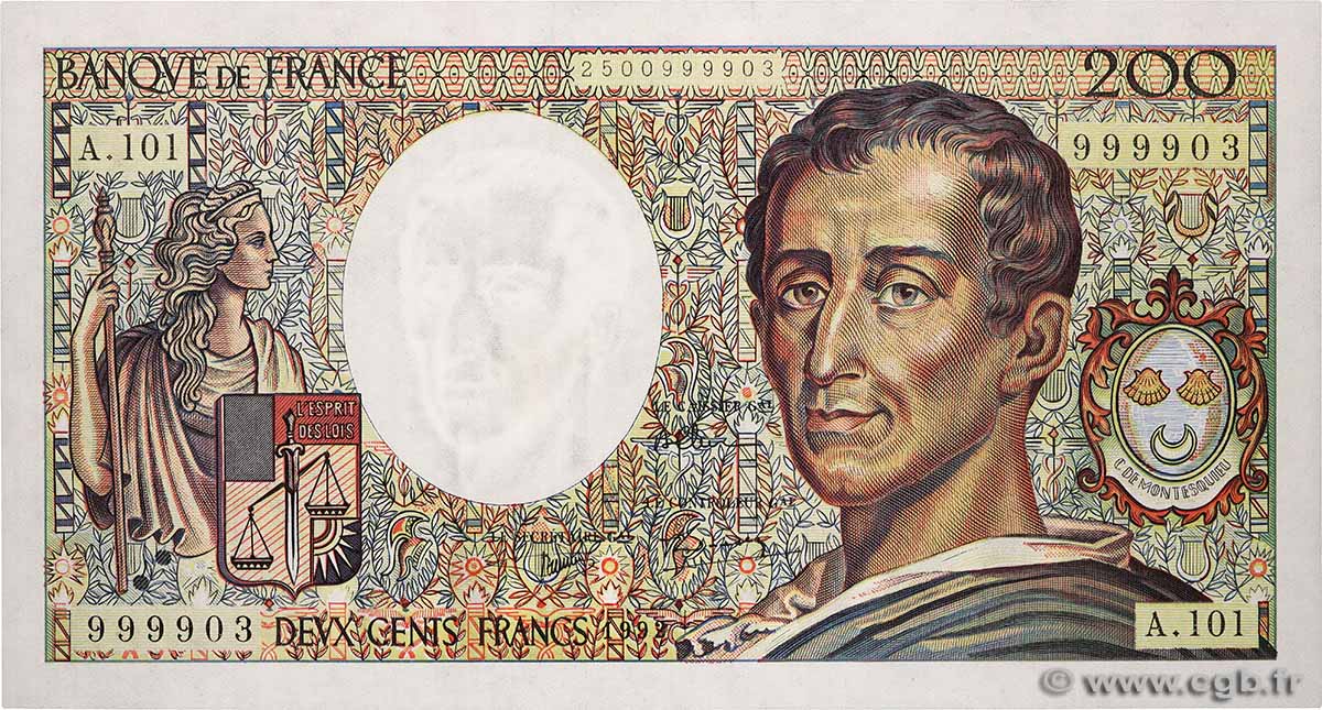 200 Francs MONTESQUIEU alphabet 101 FRANKREICH 1992 F.70bis.01 fST+