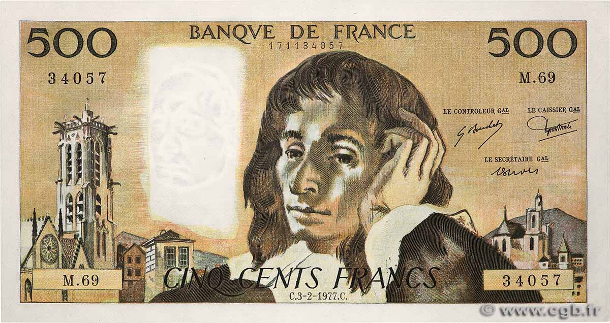 500 Francs PASCAL FRANCE 1977 F.71.16 UNC