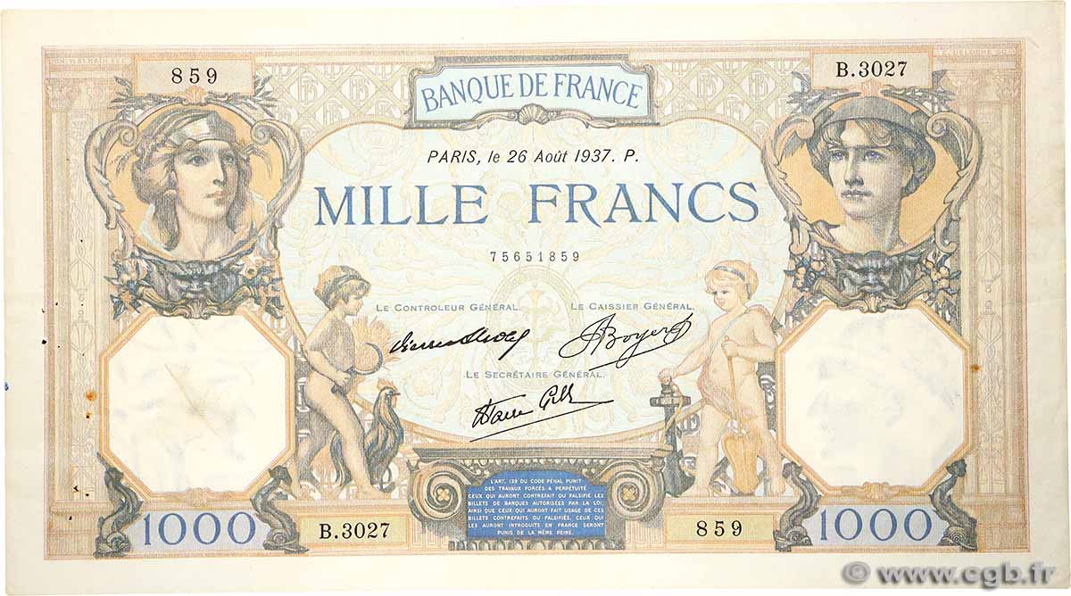 1000 Francs CÉRÈS ET MERCURE type modifié FRANCE 1937 F.38.03 VF