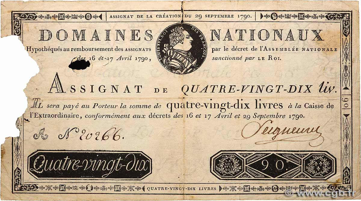 90 Livres FRANCE 1790 Ass.08a G