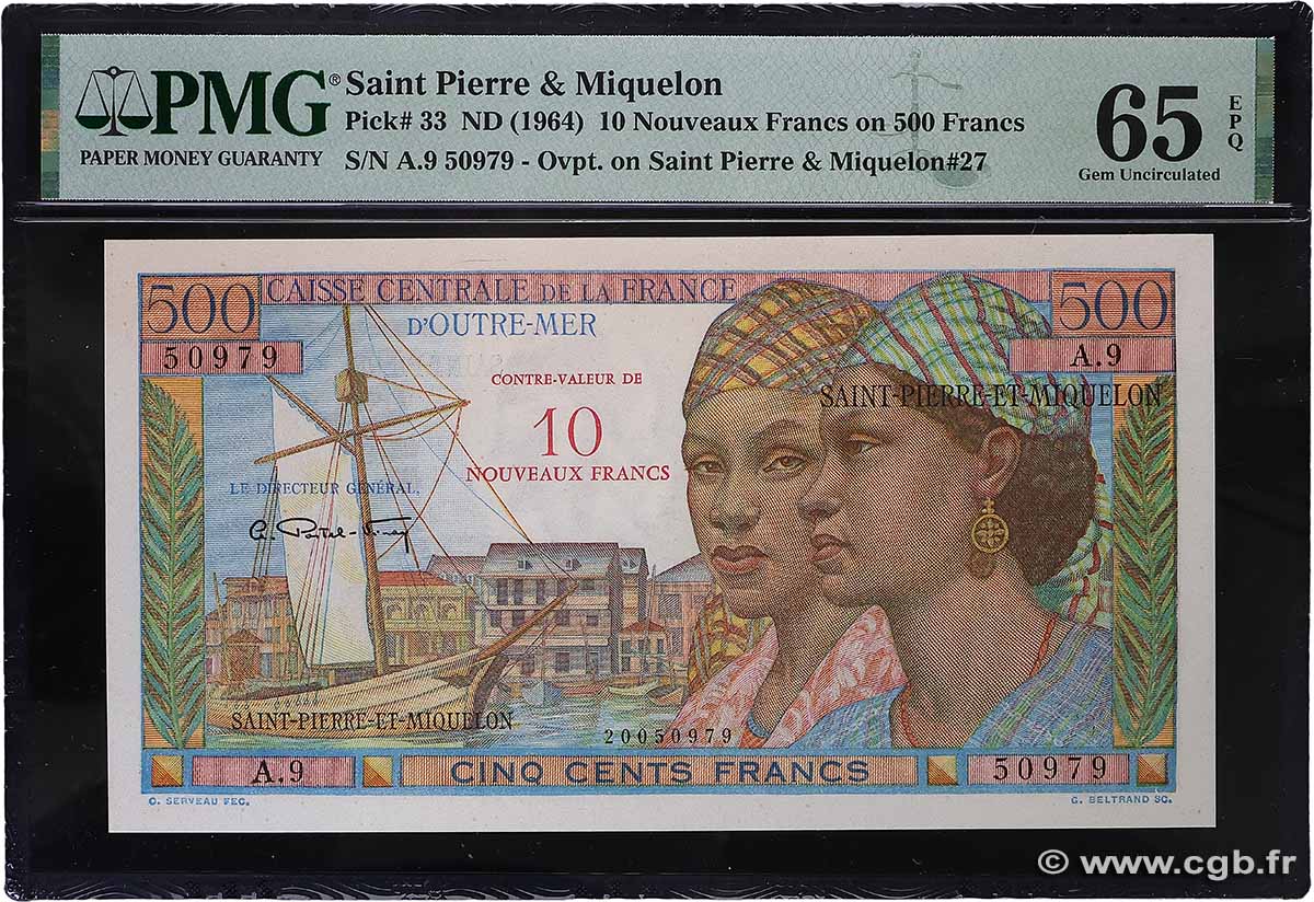 10 NF sur 500 Francs Pointe à Pitre SAINT PIERRE ET MIQUELON 1964 P.33 NEUF