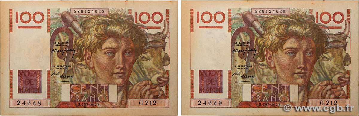 100 Francs JEUNE PAYSAN Consécutifs FRANKREICH 1947 F.28.15 fST
