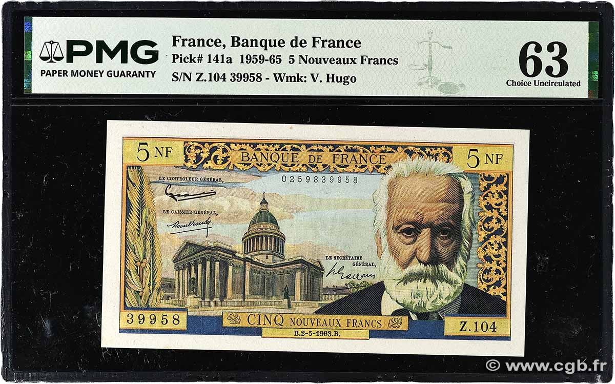 5 Nouveaux Francs VICTOR HUGO FRANCE 1963 F.56.14 UNC-