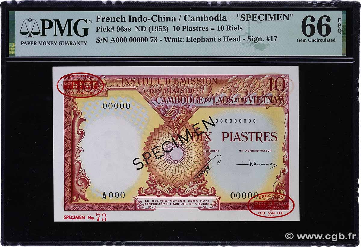 10 Piastres - 10 Riels Spécimen FRENCH INDOCHINA 1953 P.096as UNC