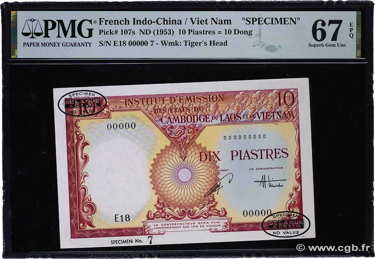 10 Piastres - 10 Dong Spécimen FRENCH INDOCHINA 1953 P.107s UNC
