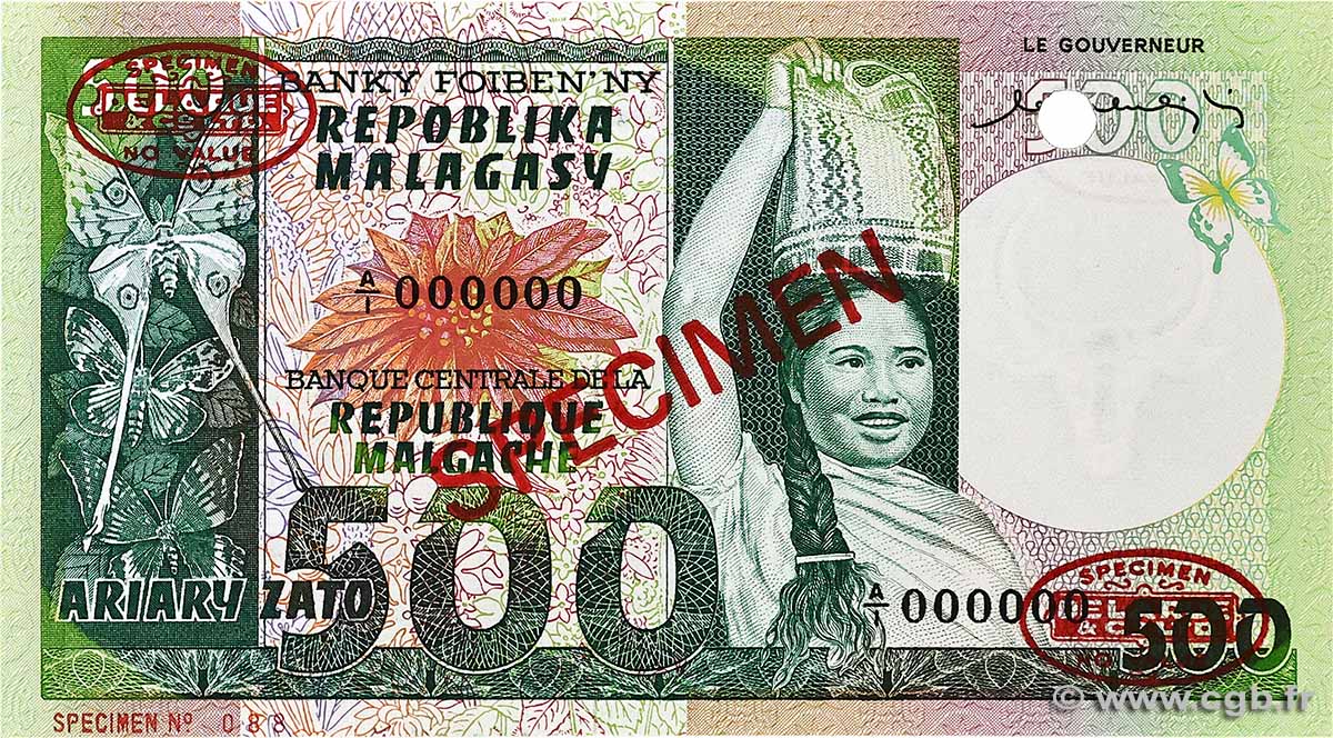 500 Francs - 100 Ariary Spécimen MADAGASCAR 1974 P.064s FDC