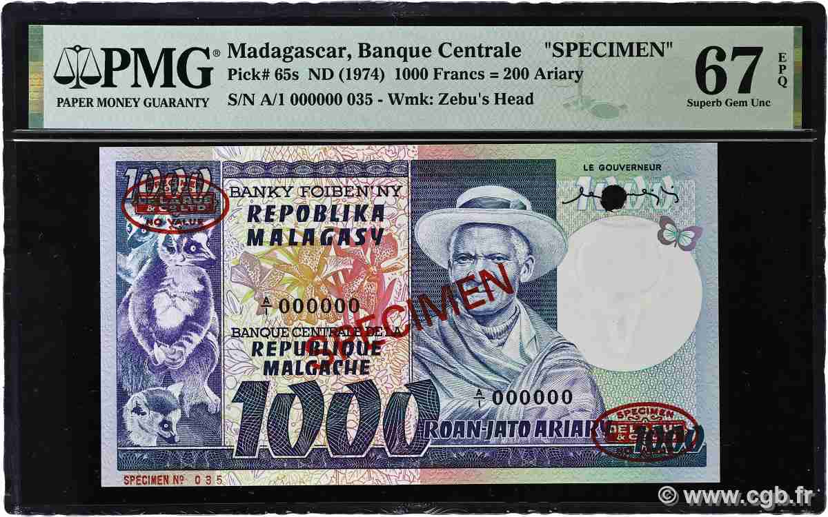 1000 Francs - 200 Ariary Spécimen MADAGASCAR 1974 P.065s NEUF