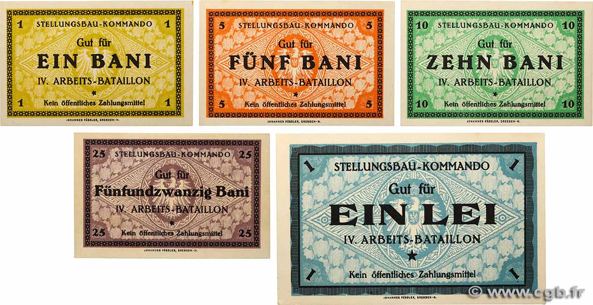 1, 5, 10, 25 Bani et 1 Lei Lot ROUMANIE 1916 P.- pr.NEUF