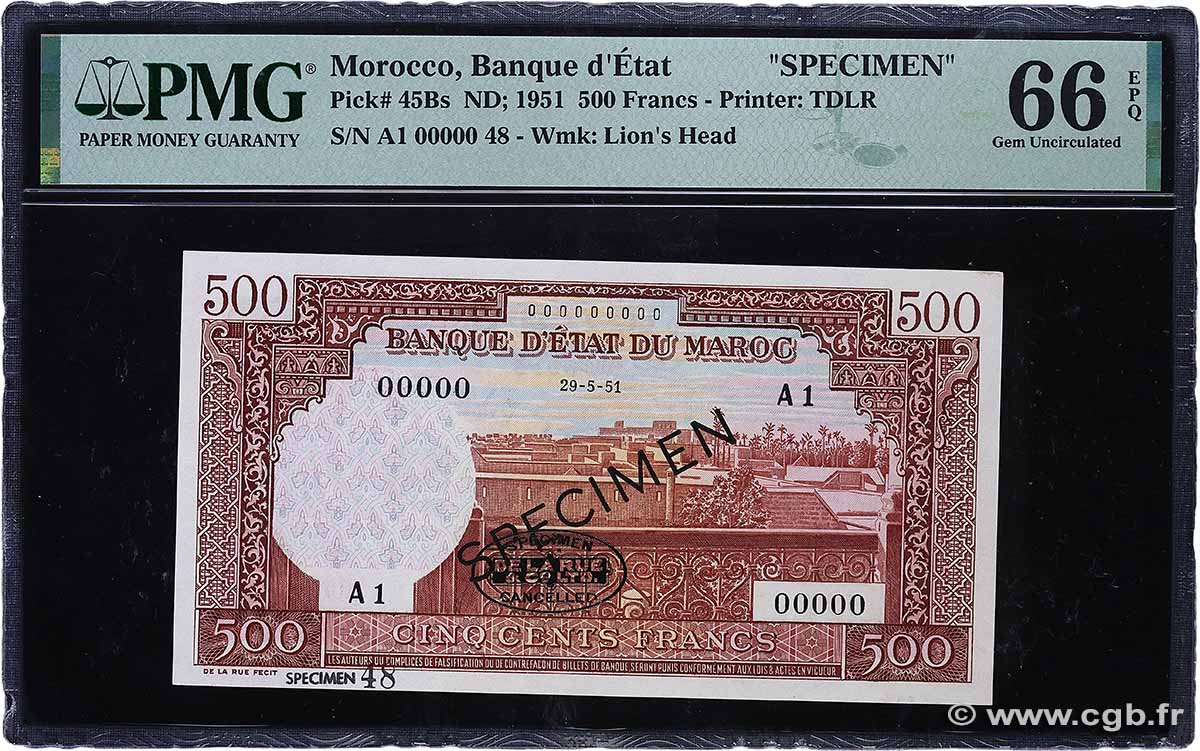 500 Francs Marrakech non émis Spécimen MAROKKO 1951 P.45Bs ST