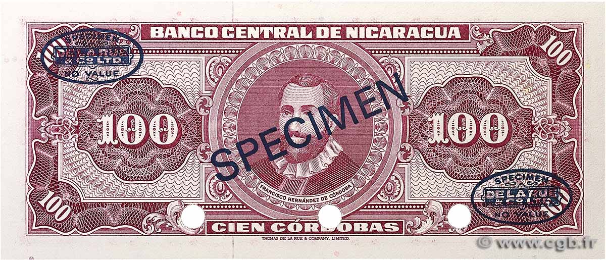 100 Cordobas Spécimen NICARAGUA 1968 P.120as SC+