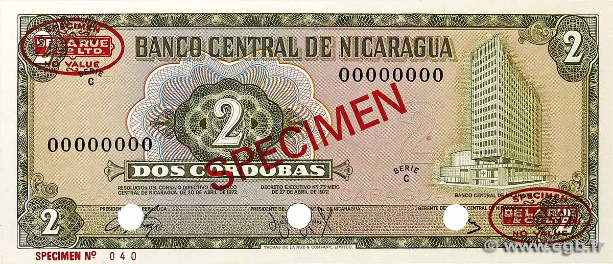2 Cordobas Spécimen NICARAGUA 1972 P.121s FDC