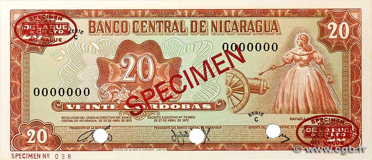 20 Cordobas Spécimen NICARAGUA 1972 P.124s UNC