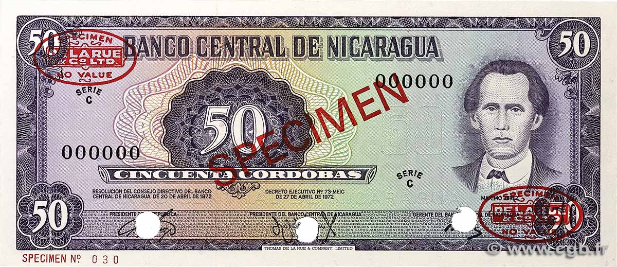 50 Cordobas Spécimen NICARAGUA 1972 P.125s UNC
