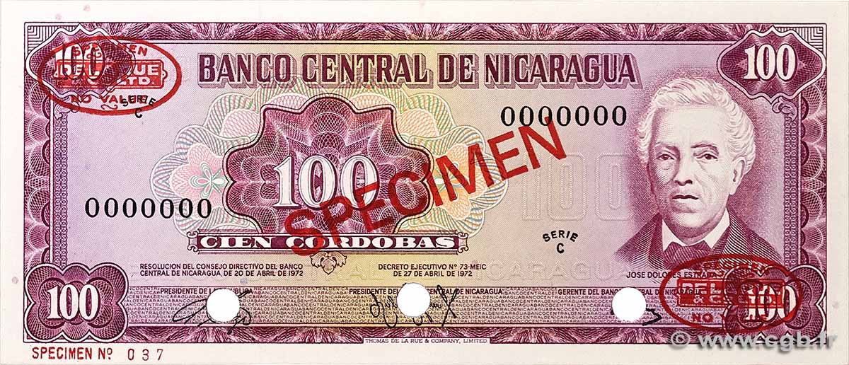 100 Cordobas Spécimen NICARAGUA 1972 P.126s SC+