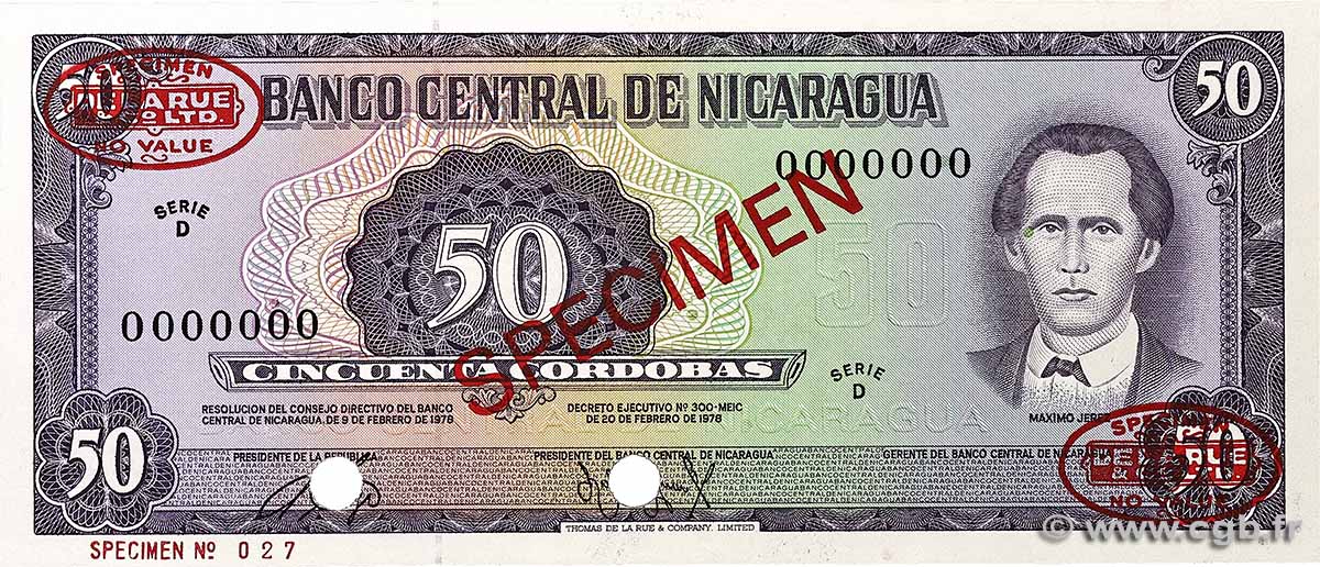 50 Cordobas Spécimen NICARAGUA 1978 P.130s FDC
