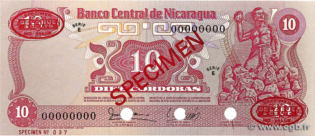 10 Cordobas Spécimen NICARAGUA 1979 P.134s UNC